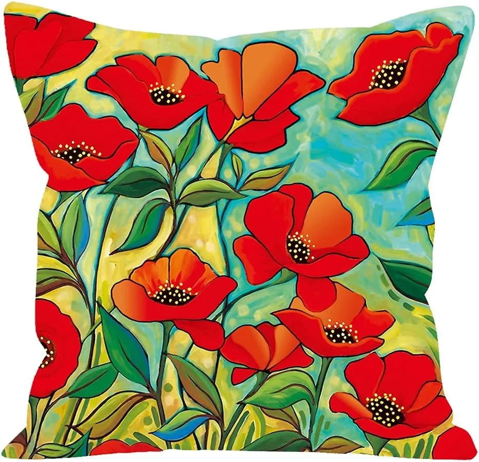 Hand-Painted Red Flower Throw Pillow Covers Farmhouse Outdoor Decor For Home Decor Living Room Sofa Bed Modern Floral