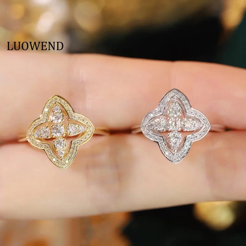 

LUOWEND 18K White or Yellow Gold Rings Luck Clover Design 0.40carat Real Natural Diamond Ring for Women High Engagement Jewelry