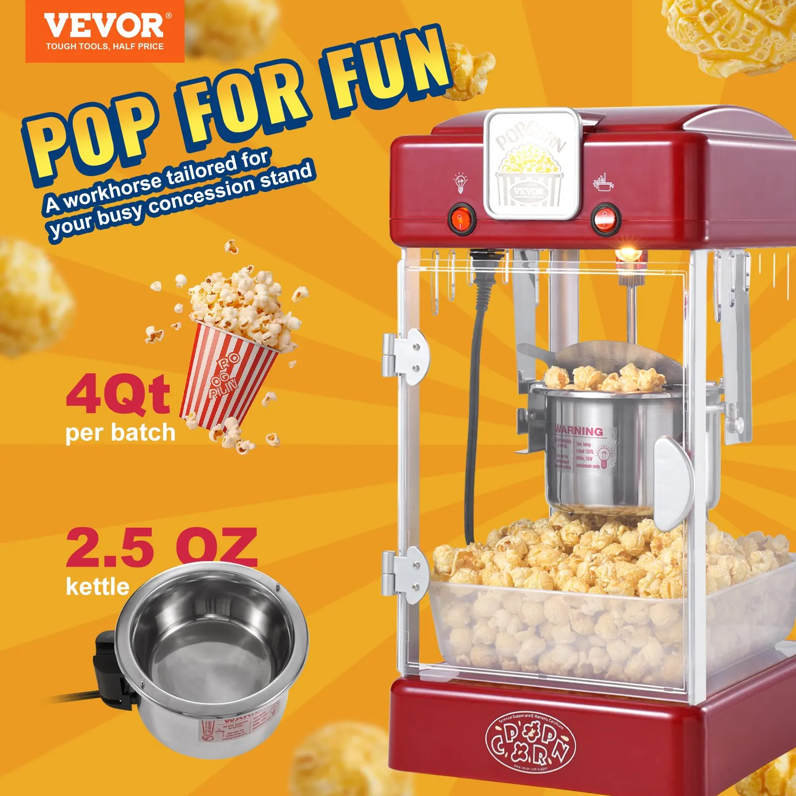 VEVOR Popcorn Popper Machine Tabletop Popcorn Maker 300W 2.5 Oz Red