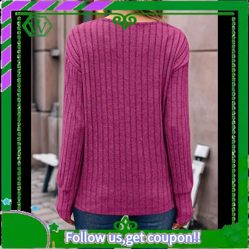 

A18P-Womens Soft Long Sleeve V Neck Shirts Solid Casual Decorative Buttons Knitted Pullover Tunic Tops