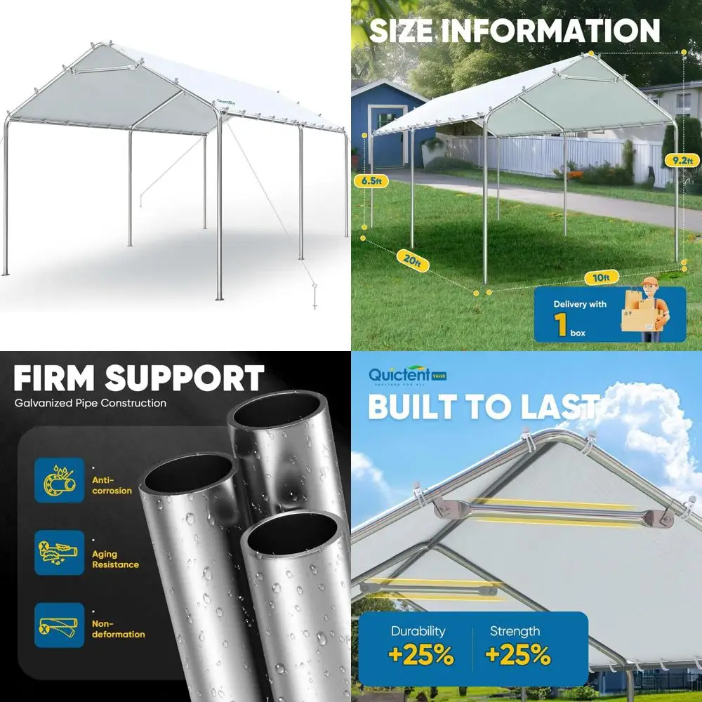 Toldo para carport de alta resistencia de 10x20 pies, tienda galvanizada para coche, refugio para barco de garaje al aire libre con estructura reforzada, sin pared lateral - whi