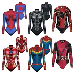 Body de superhéroe para hombre y mujer, traje de baño de manga larga con estampado 3D de Spiderman, Iron Man, ideal para Halloween y Carnaval