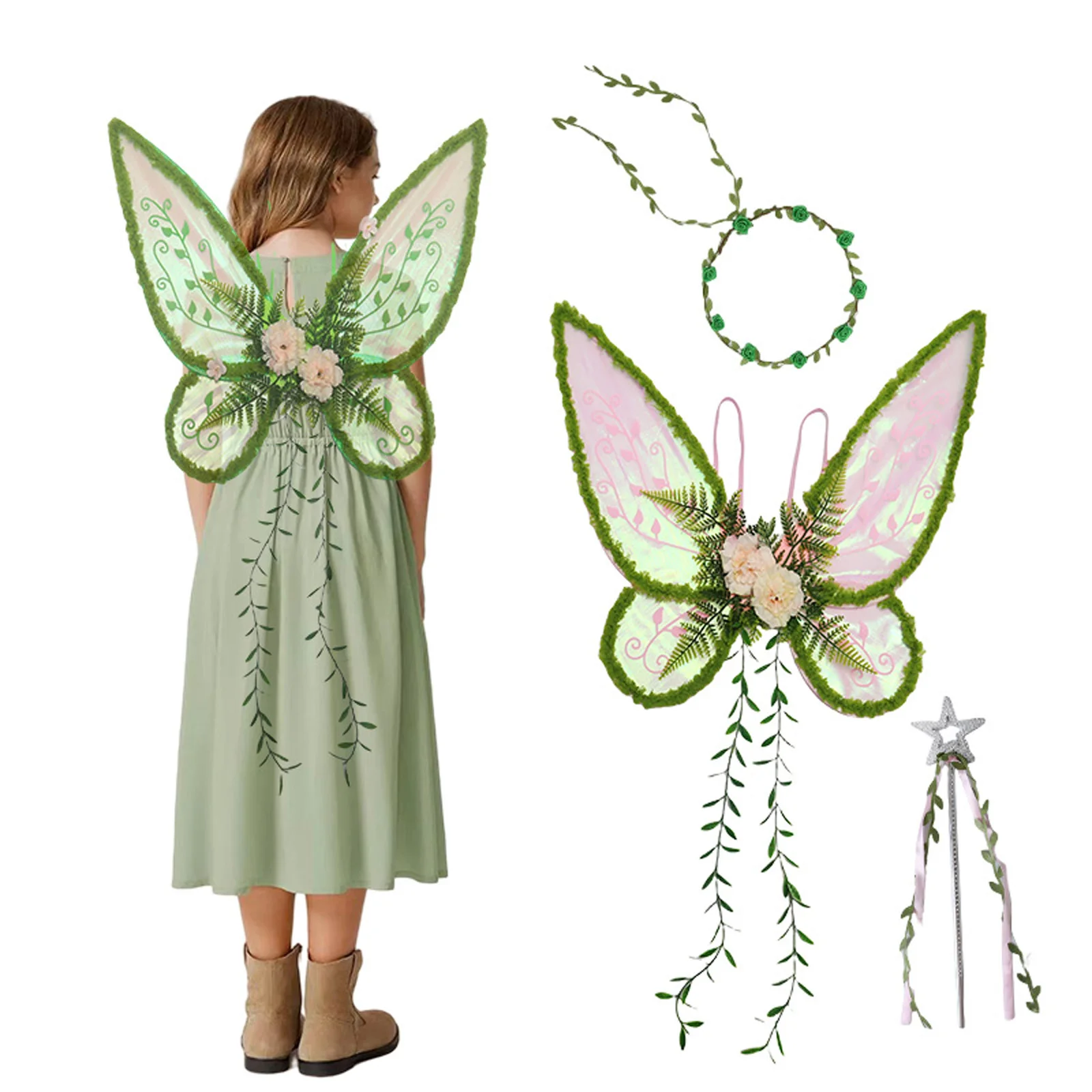 Ailes de fée vertes pour femmes et filles, accessoires de Costume d'halloween, ailes d'elfe avec guirlande, baguette de fée pour adultes, ailes de papillon