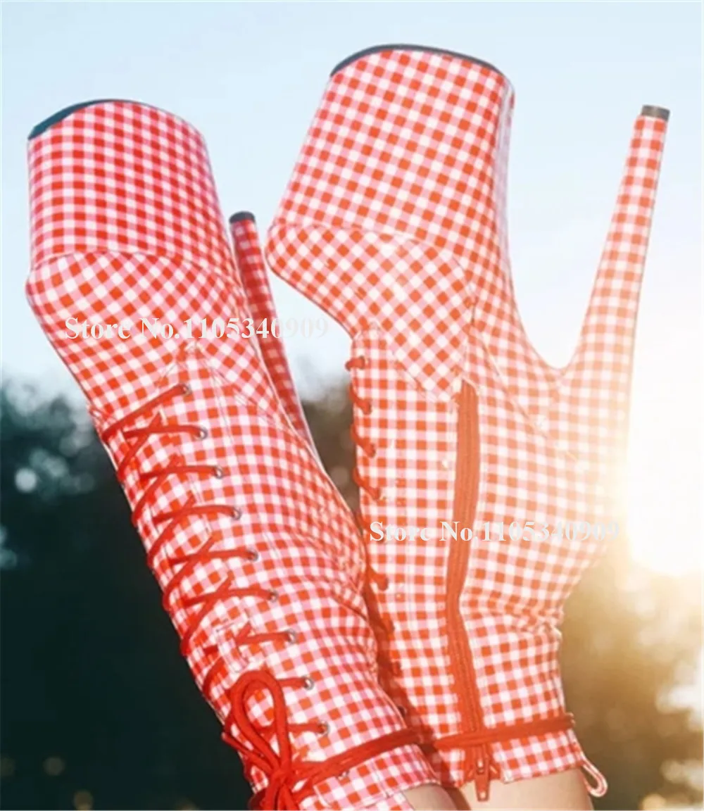 

Bondarenko Newest Red White Checkered Pattern Leather High Platform 20cm Short Boots Round Toe Lace-up Thin Heel Dance Shoes