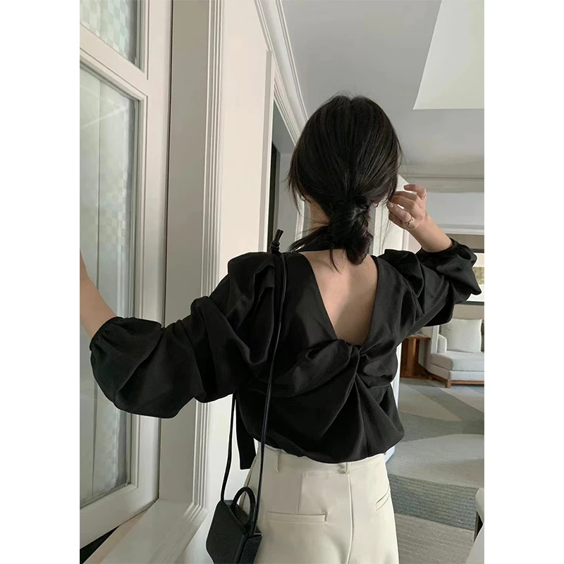 

Элегантные черные рубашки с галстуком, женские модные белые пышные блузки с длинными рукавами, офисные женские корейские повседневные топы с квадратным воротником, новые