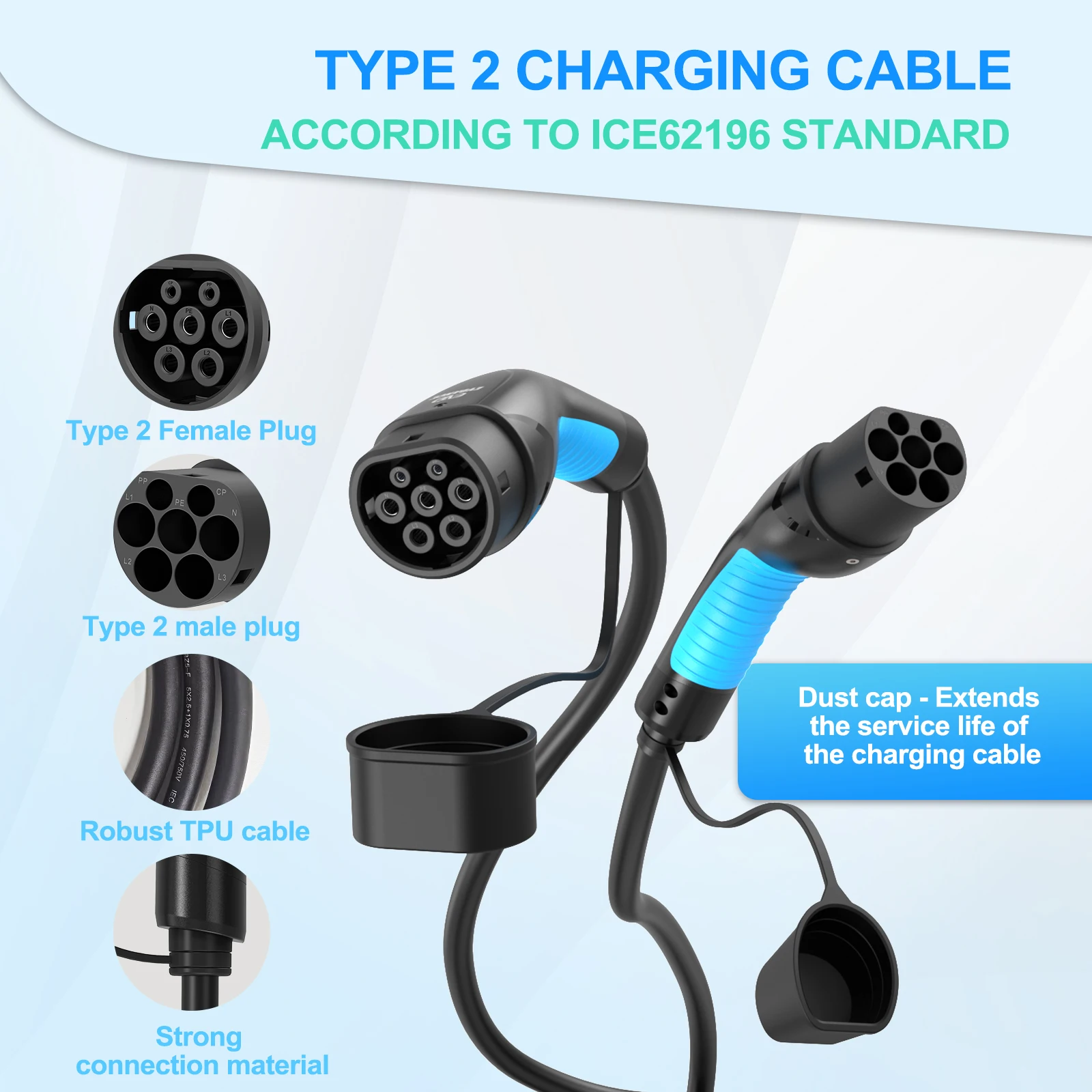 EVDANCE EV Charging Cable 6/8/10M Type 2 Electric Vehicle Cord Compatible All IEC62196 Chargers Charging Station Extension Cable