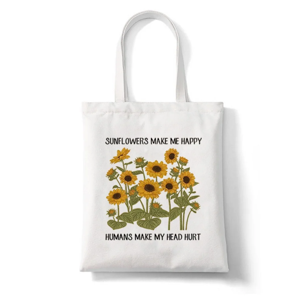 Quote Slogan Cluster Sunflower Art Print Canvas Tote Bag Handbag For Daily Shopping School Commute Casual Shoulder Bag