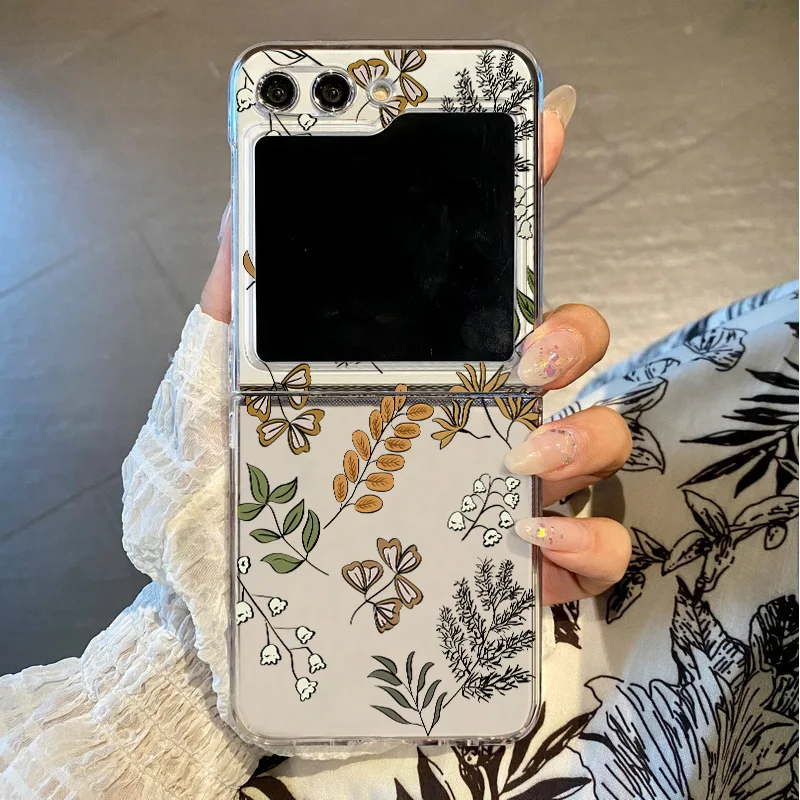 Blumenmuster Klare Handyhülle für Samsung Galaxy Z Flip 6 5 4 3 5G Klappbare harte PC-Rückseite für Samsung Z Flip5 Flip6 Flip4