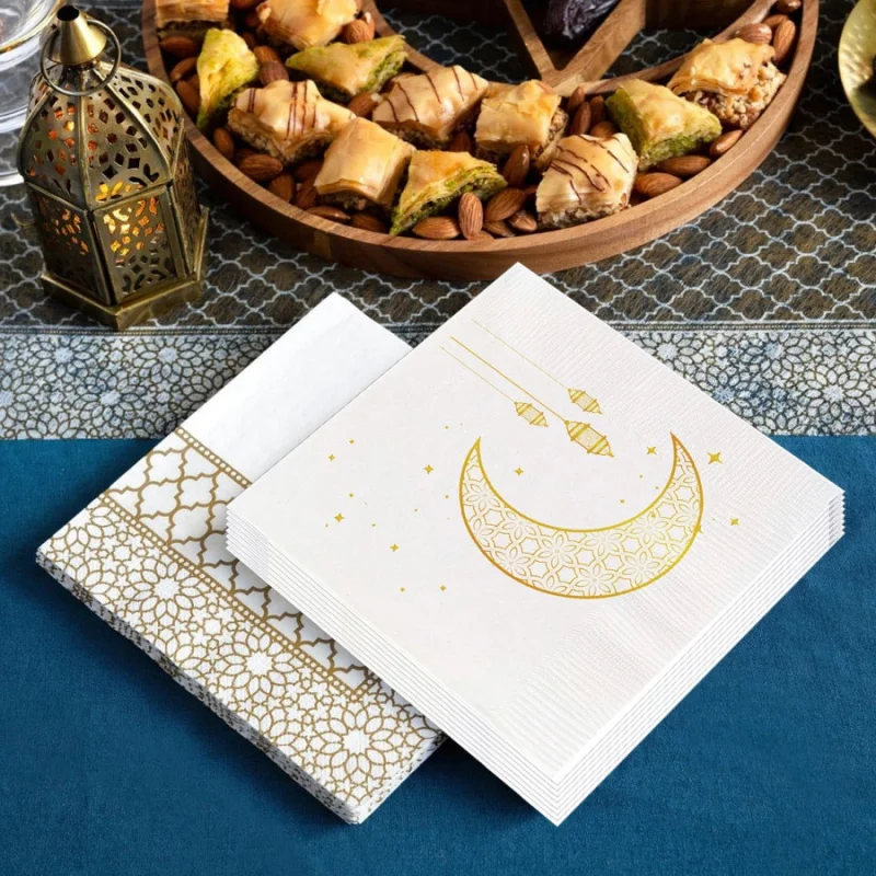 25pcsMiddle East Eid Al-Fitr Napkins Arabic Ramadan gold Printed Moon Oil Lamp Napkins Party Table Decoration Disposable Double-