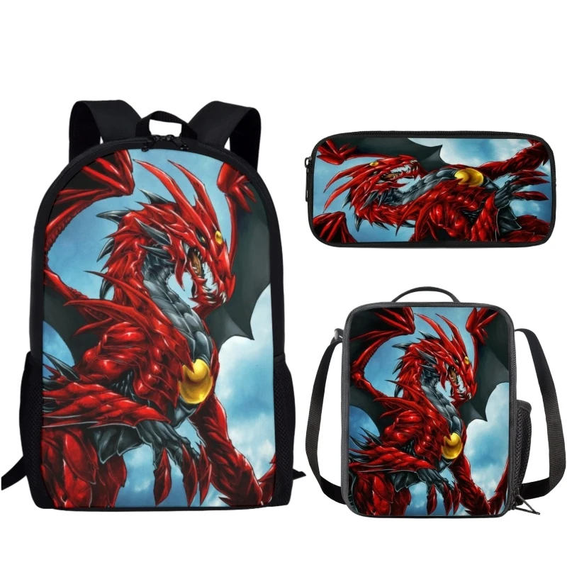 Cartoon Dragon Print School Bag para crianças, estudantes mochila, almoço Crossbody Bag, estojo de lápis, adolescente Bookbag, moda, 3pcs