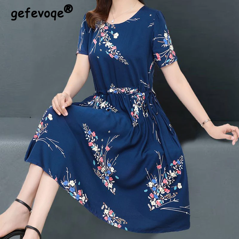 

Women's Clothing Vintage Floral Print Short Sleeve Elegant Party Dresses Summer Fashion Lace Up Pockets Slim Midi Dress Vestidos