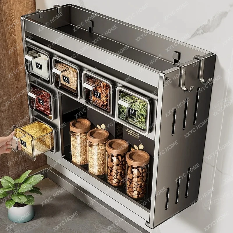 HJ household kitchen seasoning rack multi-functional non-punching wall wall hanging storage box