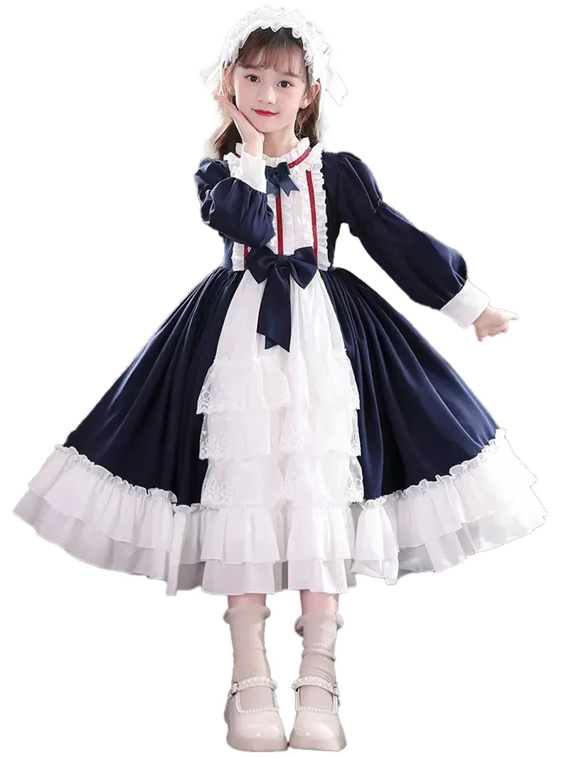 Bambine 2022 nuova primavera estate inghilterra stile Lolita rosso blu principessa per bambini vestito con fiocco in tinta unita per abito da ballo da festa