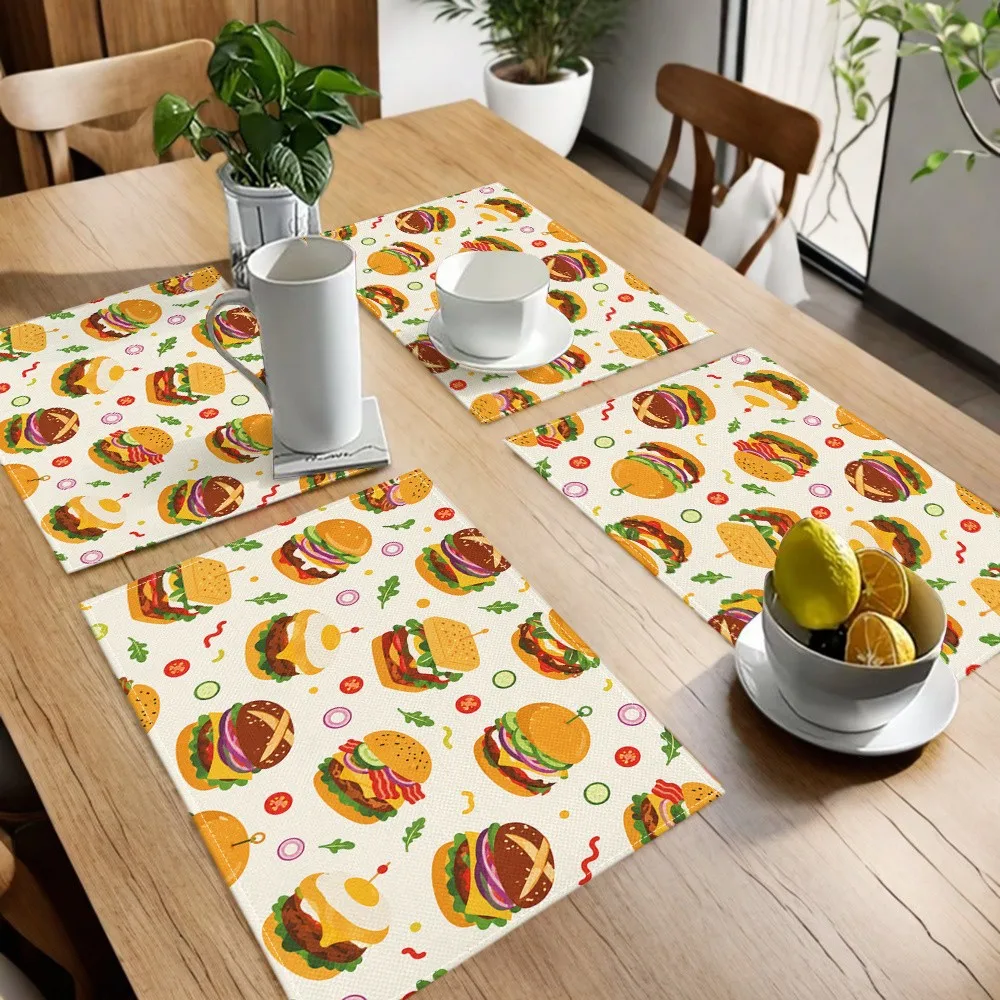 4pcs Burger-Themed Placemats Suitable for Parties, Picnics Daily Dining Rectangular Table with Burger Print