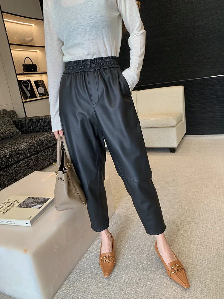 New Sheepskin Leather Pants Womens Crop Pants Micro Flare Pants Slim Fit Casual Pants for Women