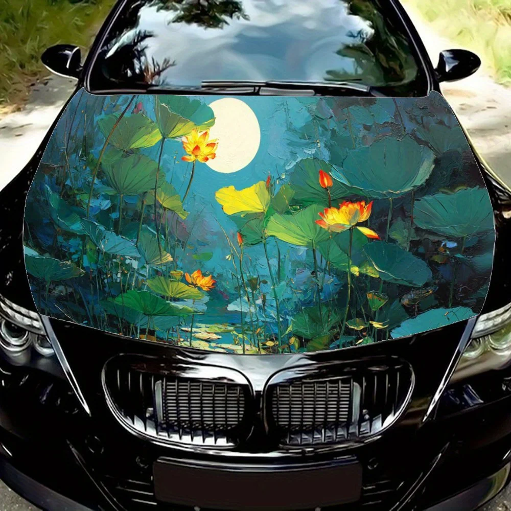 Serene Moonlit Lotus Pond Tranquil Night avec Lotus Moon Autocollant pour capot de voiture Bâton auto-étanche en PVC, Acce extérieur automatique frappant