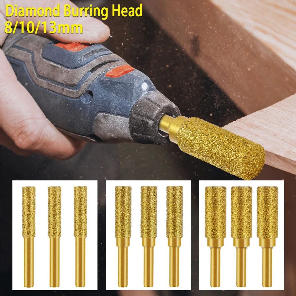 3Pcs Diamond Burring Head Grinding Bit 8/10/13mm Cylinder Type Filing 6mm Shank Rotary ToolsAccessories For Stone Iron Polishing