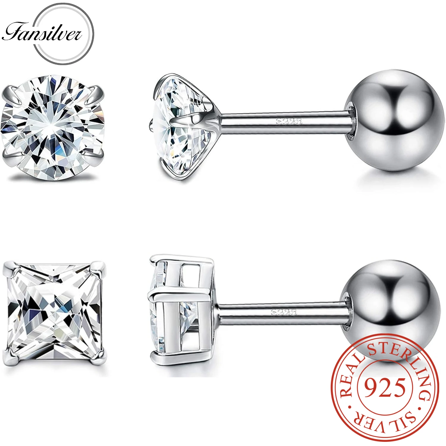 

Серьги-гвоздики Fansilver из стерлингового серебра 925 пробы, 2 пары, круглые/квадратные, с кубическим цирконием, набор серег-гвоздиков для хряща уха для женщин и мужчин