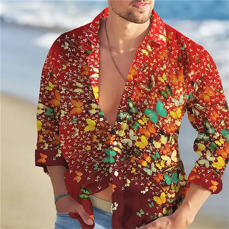 Camisa de peito único, manga comprida, camisas havaianas, estampada com borboleta, roupas de moda versáteis, camisas high-end, design versátil de rua, 2023