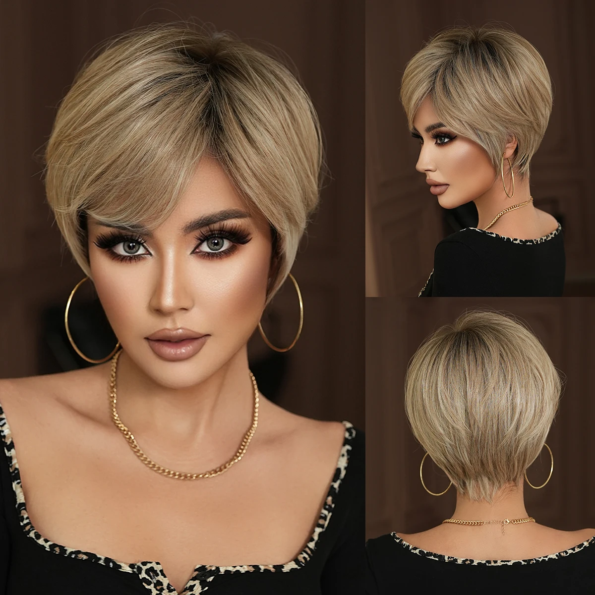 NAMM Synthetic Chestnut Beige Wig for Women Daily Party New Trend Natural Wigs with Bangs Ombre Bob Heat Resistant Fiber