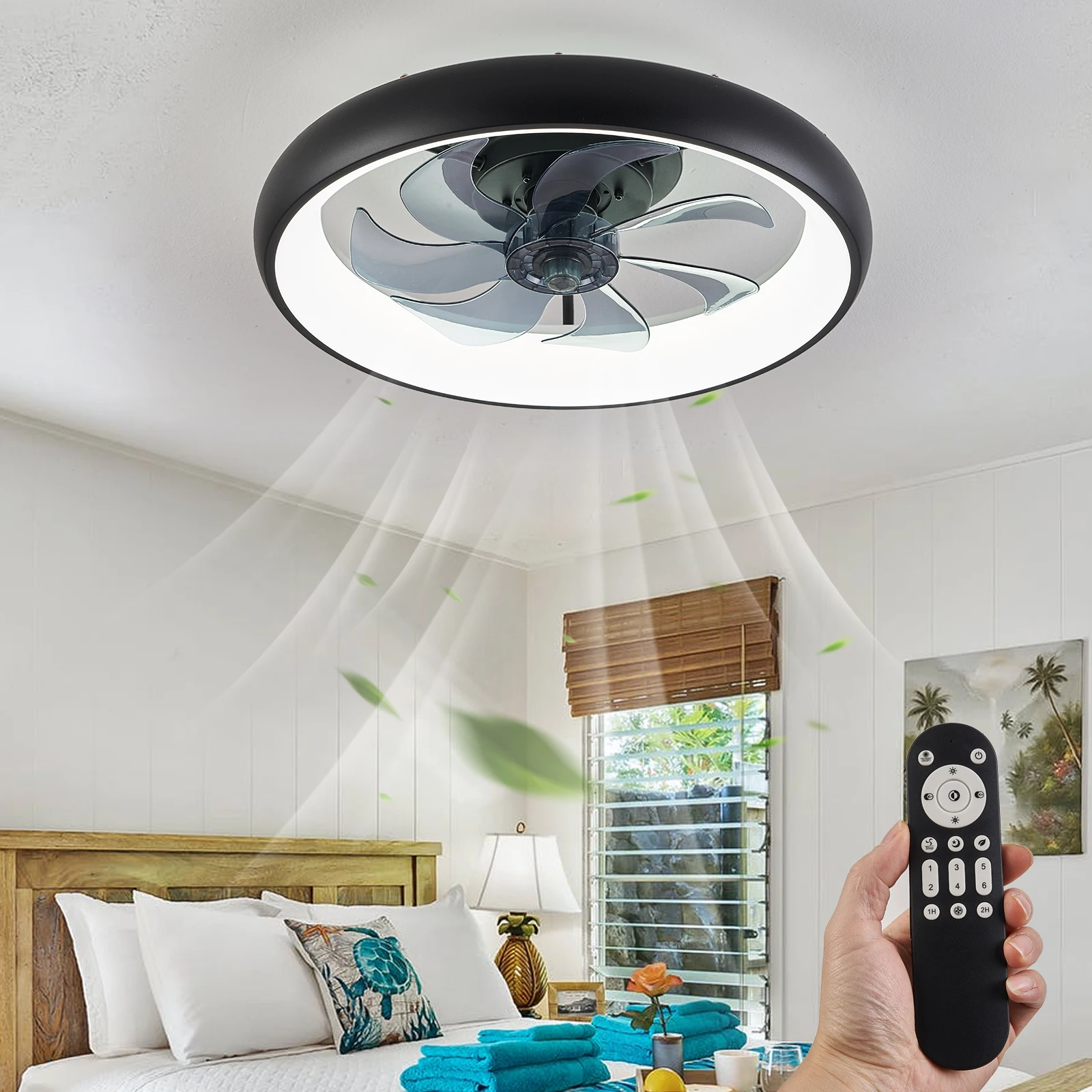 Modern Ceiling Fan Remote Control Dimming Bedroom Living Room Luminaire Adjustable 6 Level Speed Acrylic Ceiling Fan Lamps Black