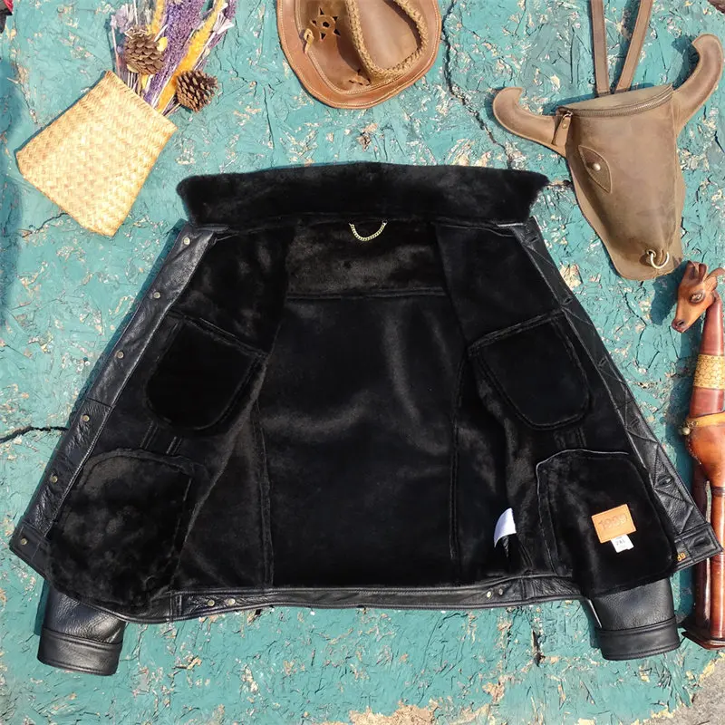 Uncoated Top Grain Sheepskin Shearling Jacket Men Women American Vintage Western Cowboy Warm Genuine Leather Coat