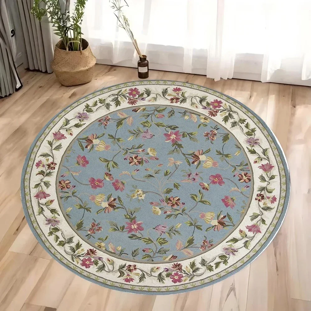 Elegant Round Rug with Vintage Floral Patterns in Pink & Blue – Soft Durable Floor Mat for Living Room & Bedroom