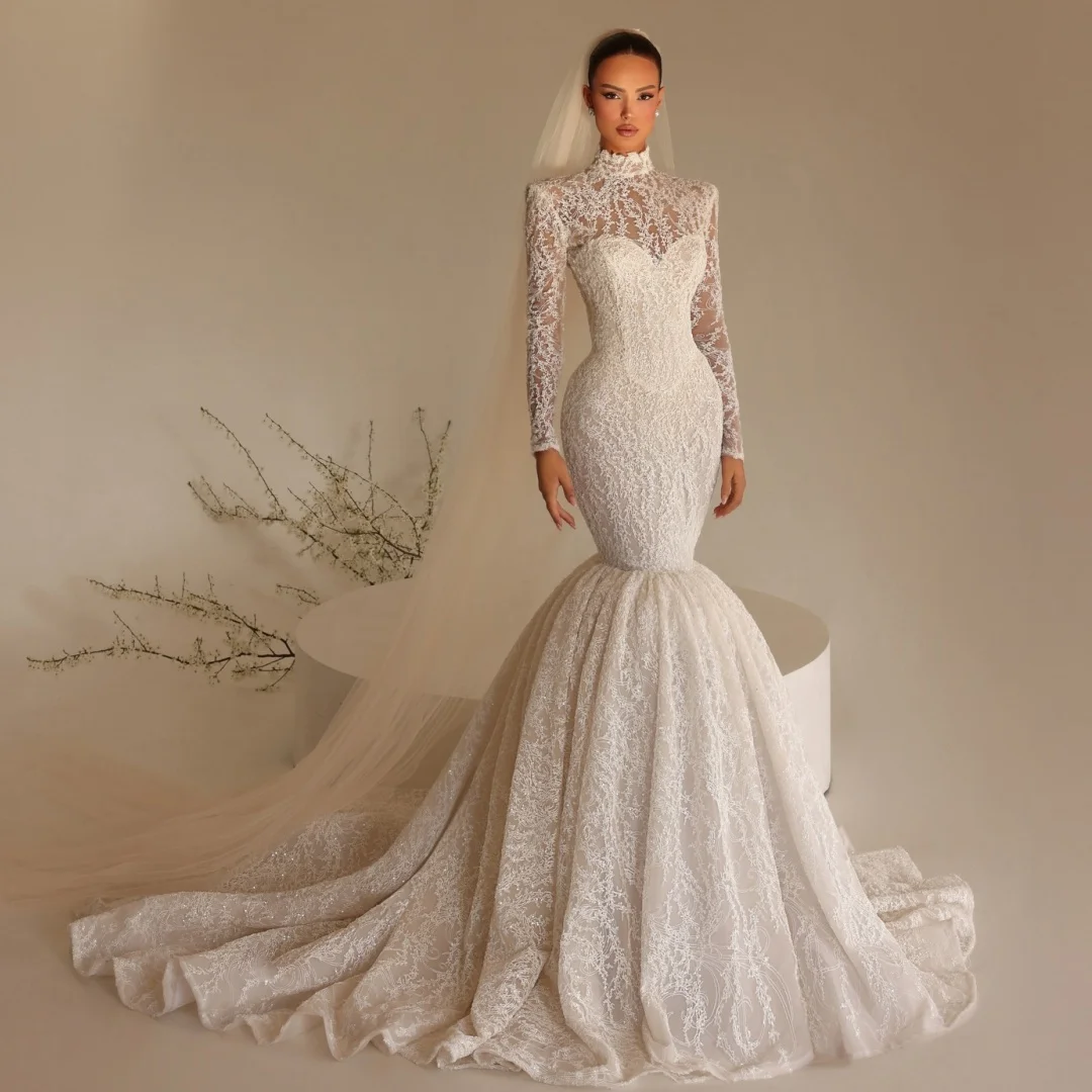 

Exquisite Mermaid Wedding Dresses Lace Trumpet Bridal Gown Long Sleeves High Collar Luxury robe de mariée Customized