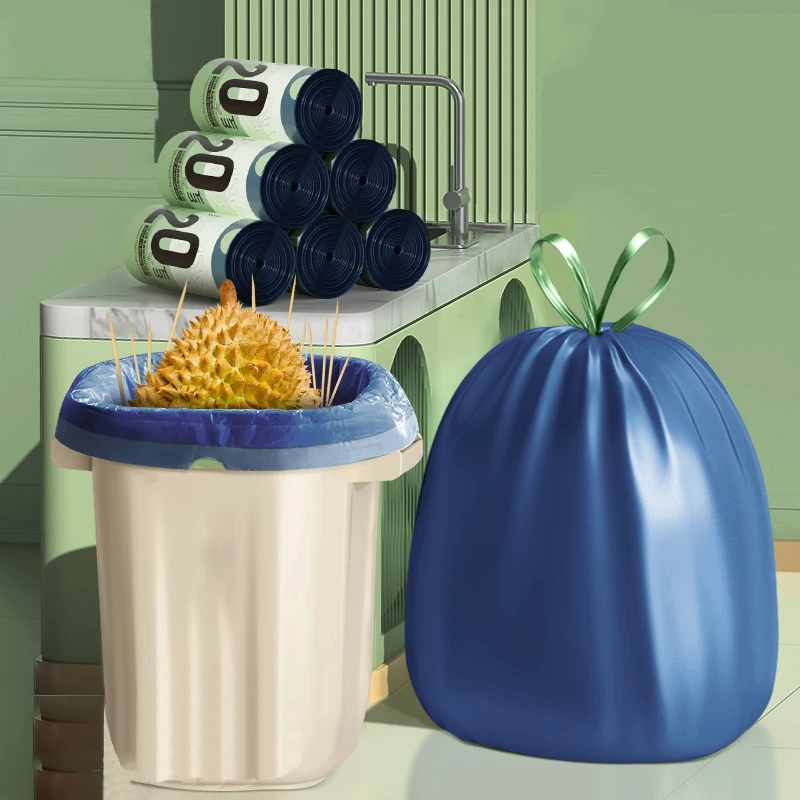

Blue Drawstring Trash Can Liners Disposable Food Residue Processor Household Kitchen Bathroom Plastic Bags with Drawstring