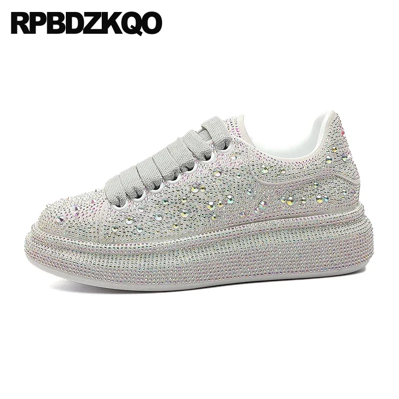 

Genuine Leather Women Silver Diamond Luxury Sneakers Creepers Platform Shoes Trainers Muffin Runway Crystal Rhinestone Elevator