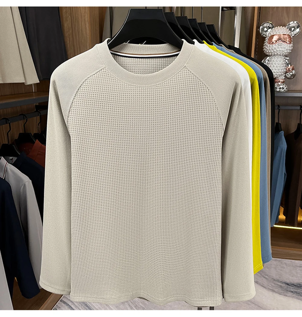 

Хлопковая вафельная толстовка, мужская новинка 2025 года, осень-зима, пуловер с круглым вырезом, повседневный свободный крой с длинными рукавами, однотонные базовые топы