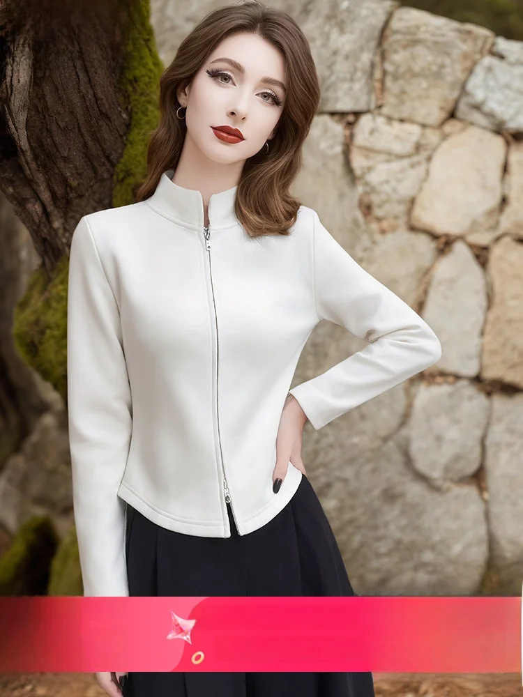

Укороченная куртка Slim Fit для женщин: модная, с воротником-стойкой, в повседневном стиле, из полиэстера, спортивный топ, белая бархатная куртка от FX&Mongyi