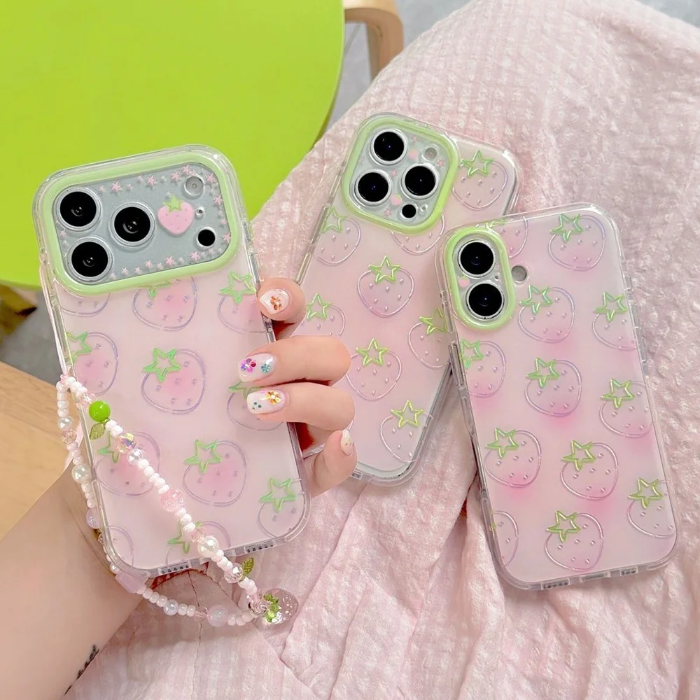 

Phone Case For iPhone 17 16 15 Pro Max Plus New Korean INS Strawberry Print Transparent Border Protective Cover With Lanyard