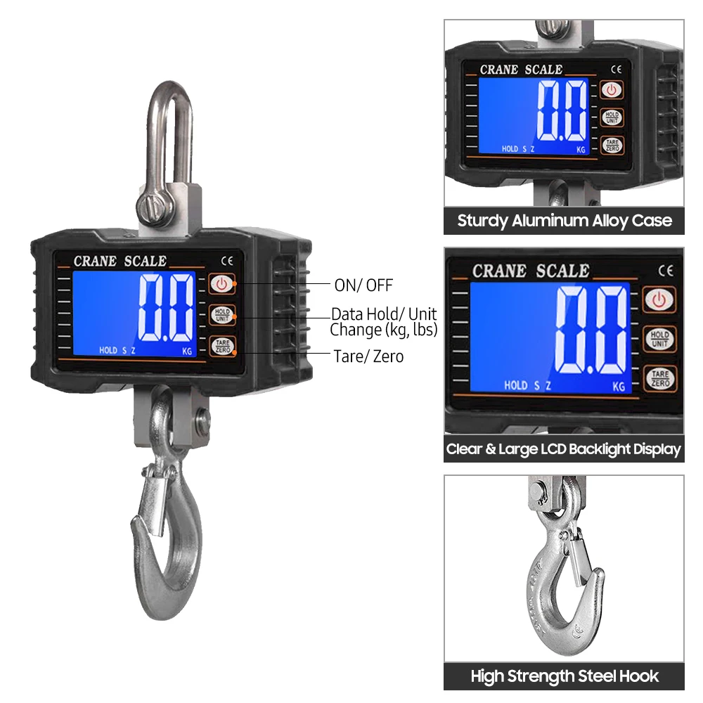 Digital Hanging Scale 1000kg/ 2204lbs Portable Heavy Duty Crane Scale LCD Backlight Industrial Hook Scales Unit Change