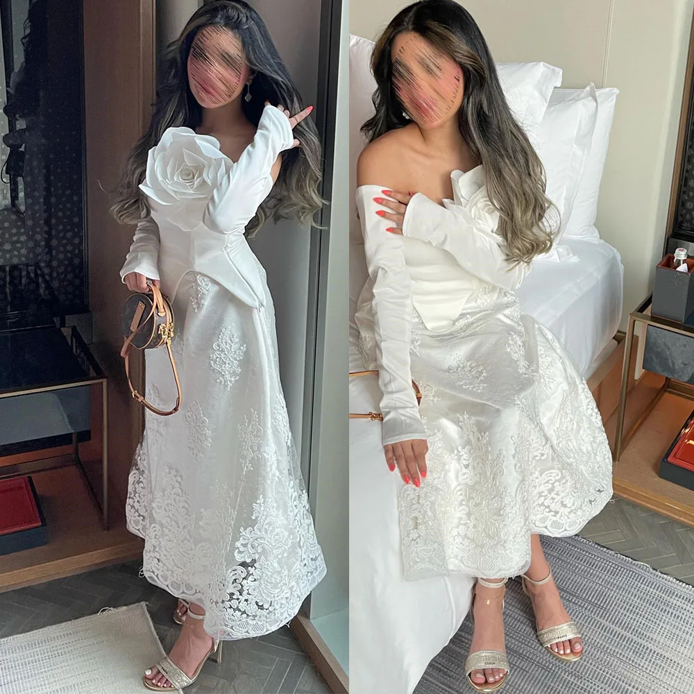 Abiti da sera a maniche lunghe con spalle scoperte a-line 3D Appliques abito da ballo in pizzo bianco senza schienale abito da festa formale muslimexlimah