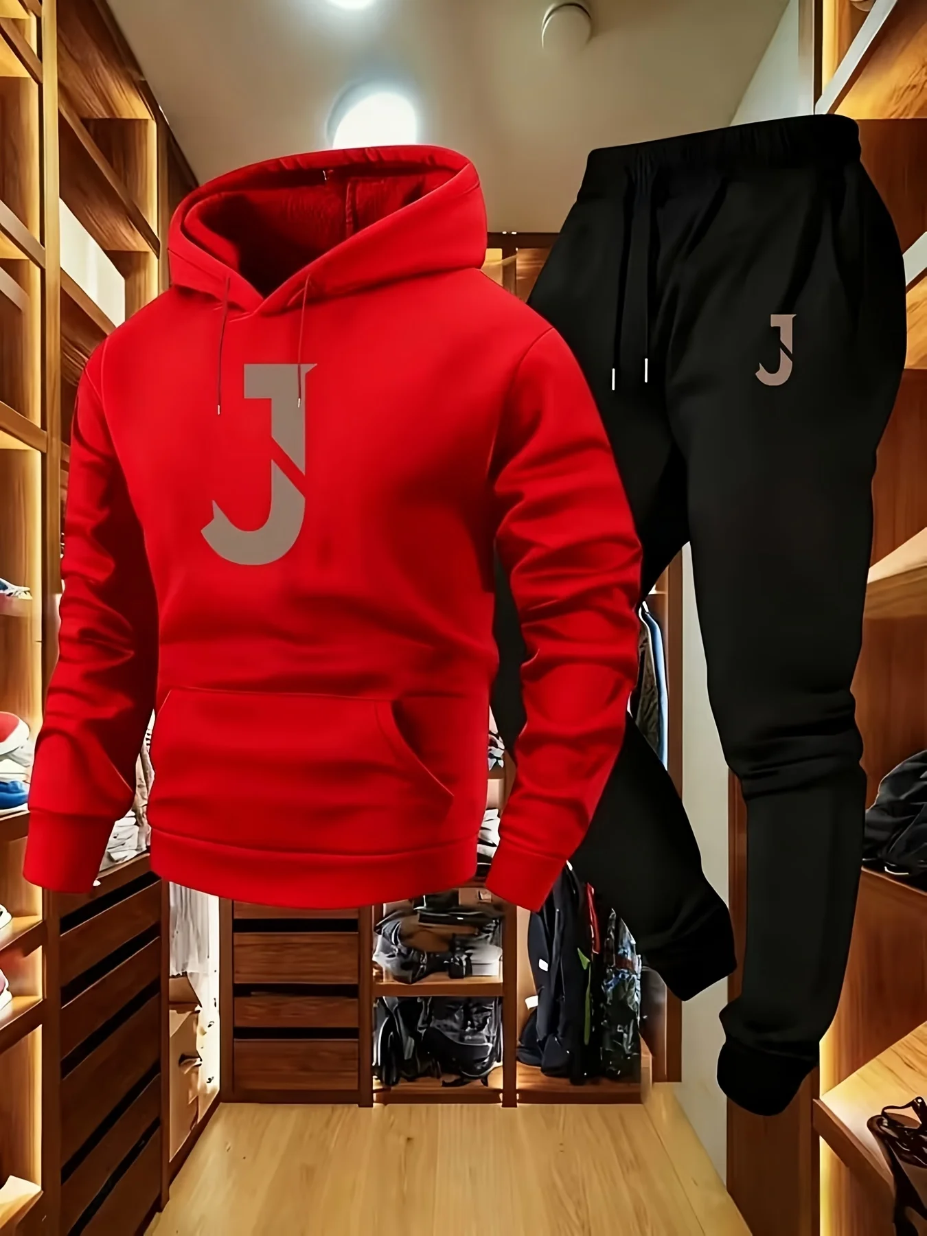 2026 Men Fall‑Winter Tracksuit, Soft Polyester Hoodie and Black Jogger Pants,  J pattern , Loose 2‑Piece Casual Outdoor Outfit view 4