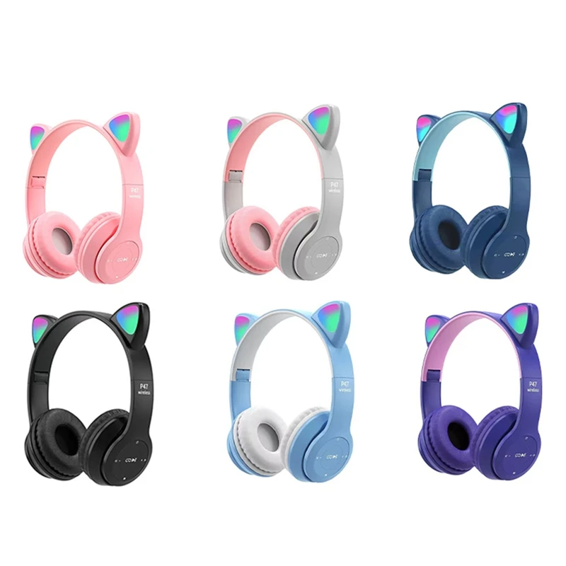 Bluetooth Cat Ear Headphones For Kids Wireless Mode Foldable Headset With Mic, RGB LED Light For Gift School Gaming