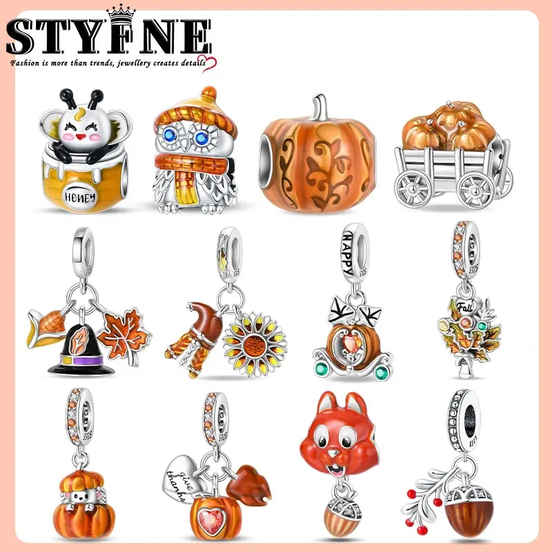 925 Sterling Silver Harvest Season Little Hedgehog Pumpkin Car Beads Lucky Color Autumn Fashion Jewelry Accessories