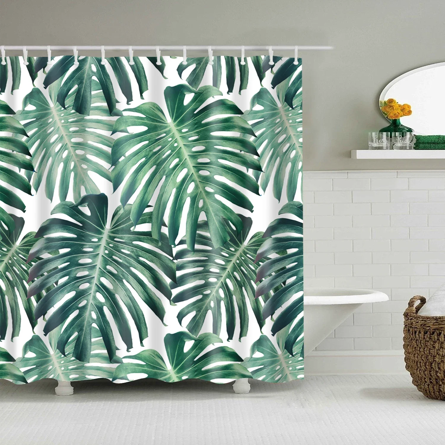 Tropical Greenery Shower Curtain Succulent Cactus Palm Pineapple Tropical Fruit Cat Bathroom Decoration Shower Curtain With Hook