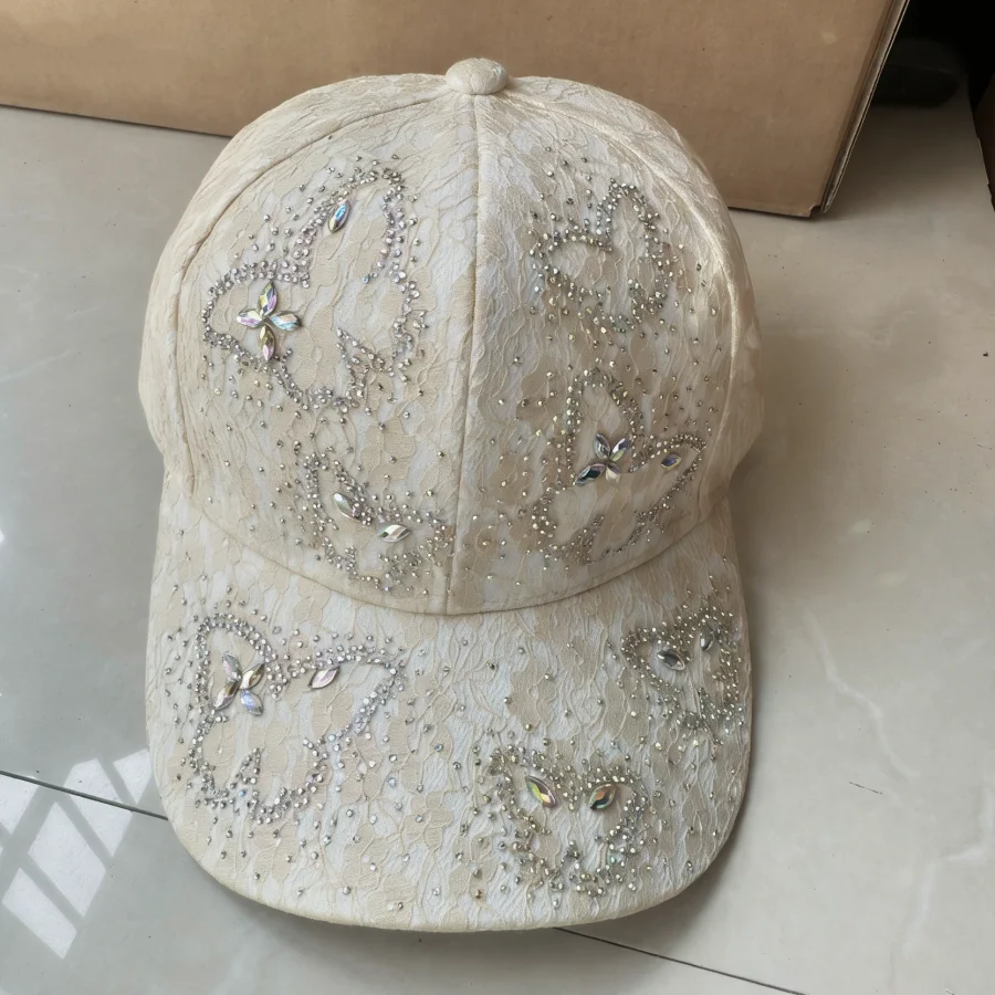 Luxurious Butterfly Rhinestone Lace Baseball Cap, Breathable Mesh, Exquisite Rhinestones, Suitable for Daily Casual Wear, Outdoor Activities, Sun Protection, Holiday Gift