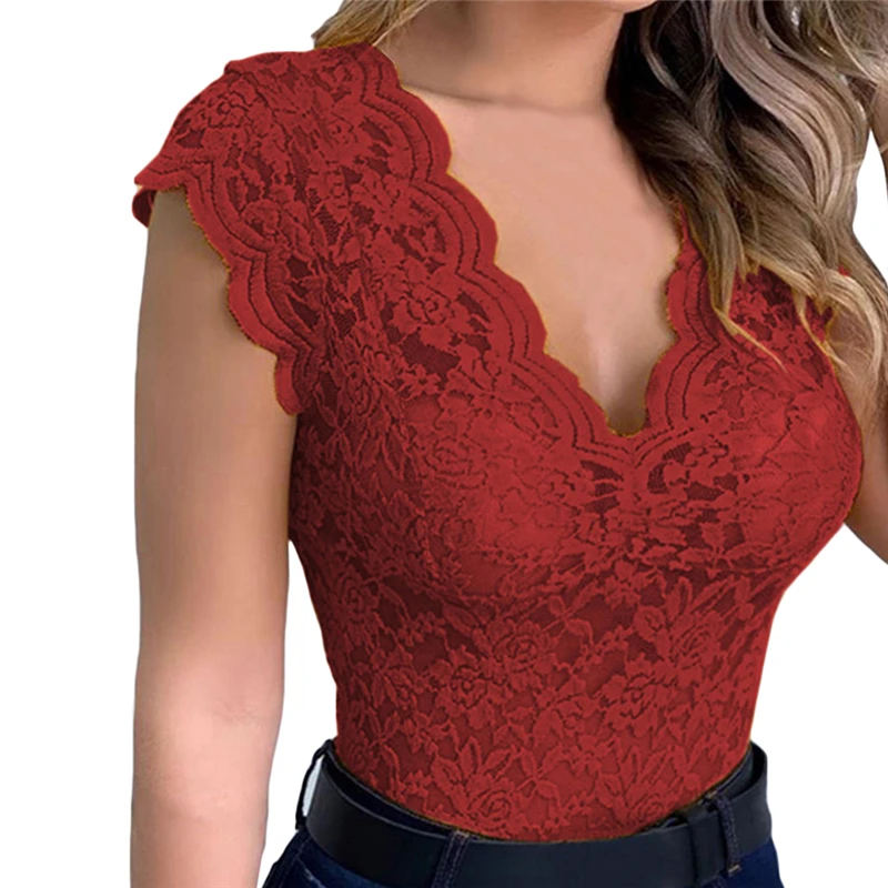 Camiseta Sexy de encaje con cuello en V profundo para mujer, camiseta elegante de manga corta, Tops de flores de encaje para mujer