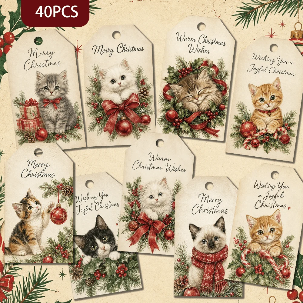 40pcs Watercolor Christmas Kittens Decorative Tags,Holiday Gift Labels, Party Decorations, Handmade Packaging Accents, Jute Rope