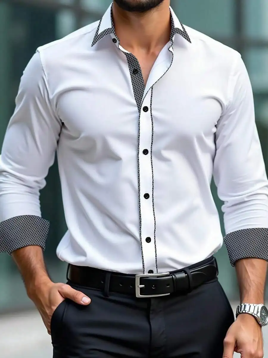 

Men's White Long Sleeve Button-Up Shirt with Contrast Pattern Collar and Cuffs