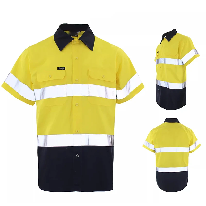 Hi Vis Shirts with Pocket Safety Work Shirts for Men Construction Building Breathable Summer Reflective Clothing