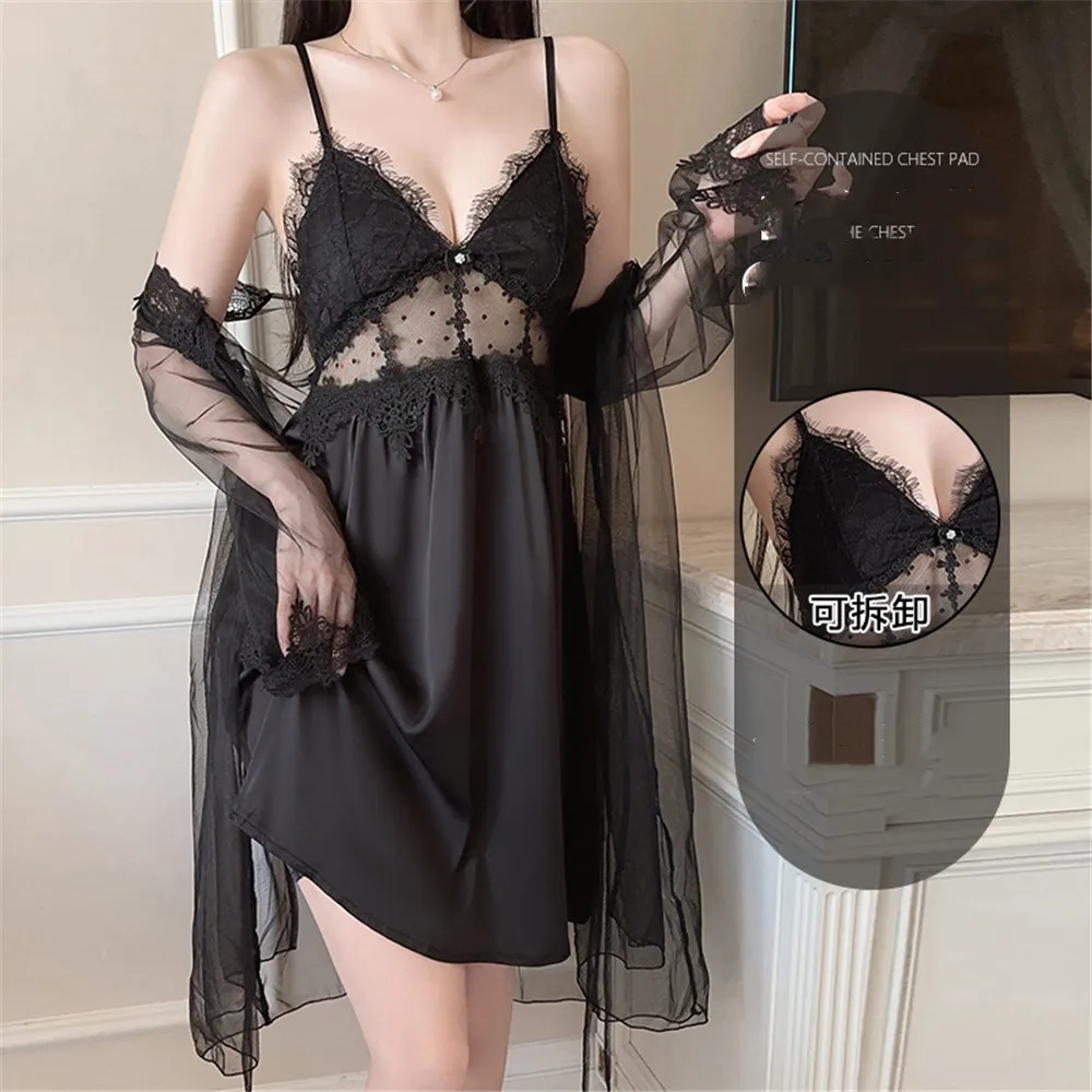 

Sexy Female Twinset Robe Set Lace Bathrobe Suspender Nightgown Intimate Lingerie Summer Sleepwear Women Homewear