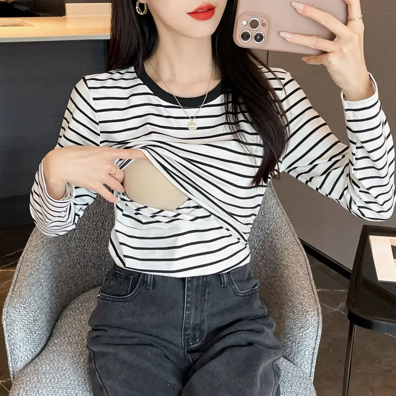 Striped Cotton Maternity Nursing Tees Casual Long Sleeve Breastfeeding T Shirts For Pregnant Women After Delivery Lacation Tops