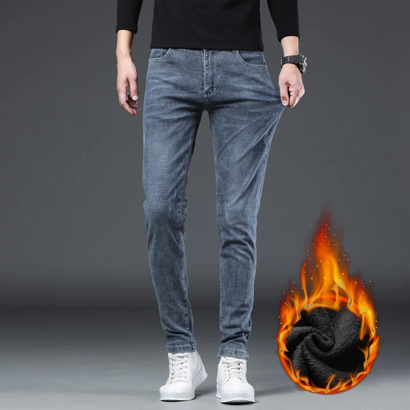 

Jeans 2022 Winter Streetwear Retro Straight Slim Fit Fleece Denim Pants Male Brand Trousers