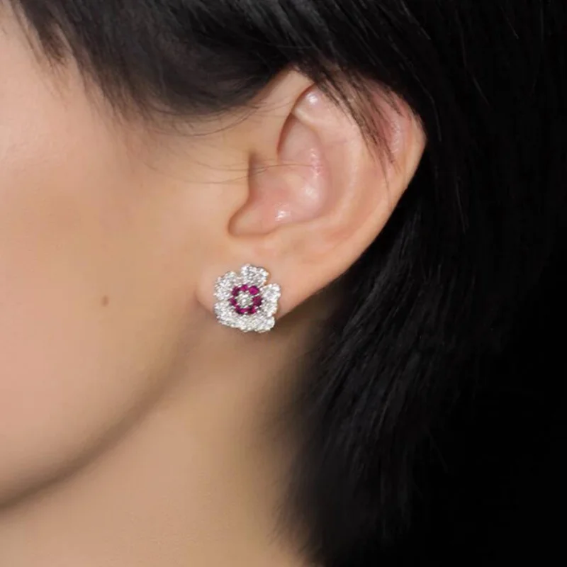 

CAOSHI White/Rose Red Cubic Zirconia Engagement Stud Earrings Silver Color Flower Shape Accessories for Women Statement Jewelry