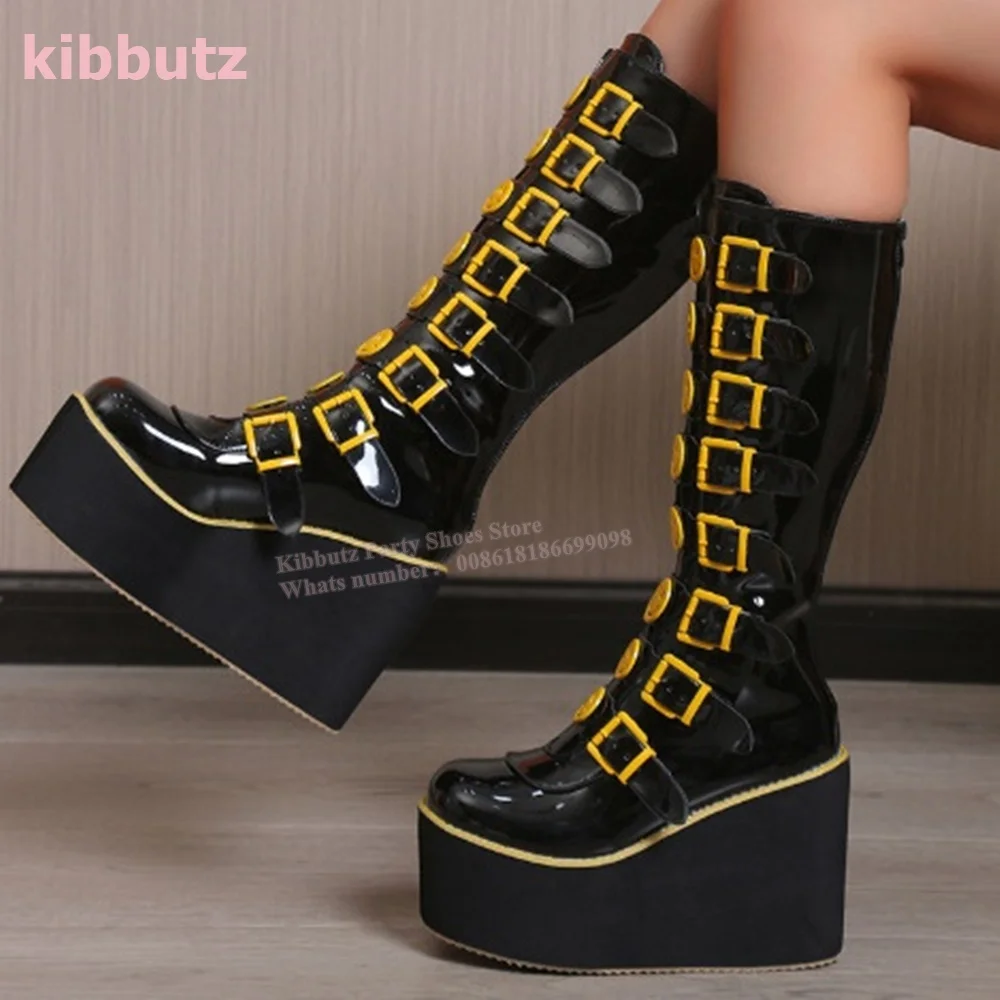 Punk Boots Knee High Metal Buckle Straps Platform Round Toe Wedges Genuine Leather Solid Black Fashion Sexy Women Shoes Newest