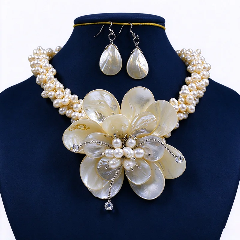 Fashion Stone Holiday Wedding Bridal Handmake Jewelry Freshwater pearl Large Flower Necklace 20